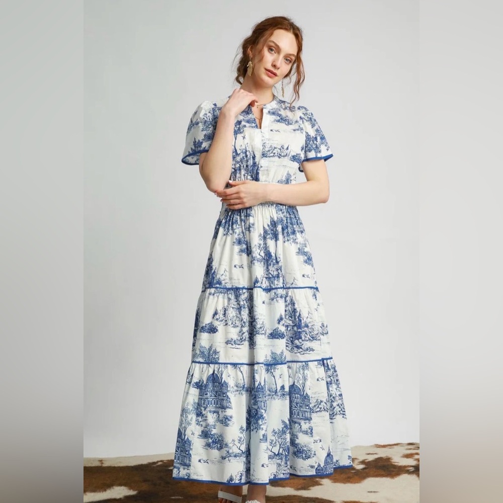Blue & White Toile Tiered Maxi Dress